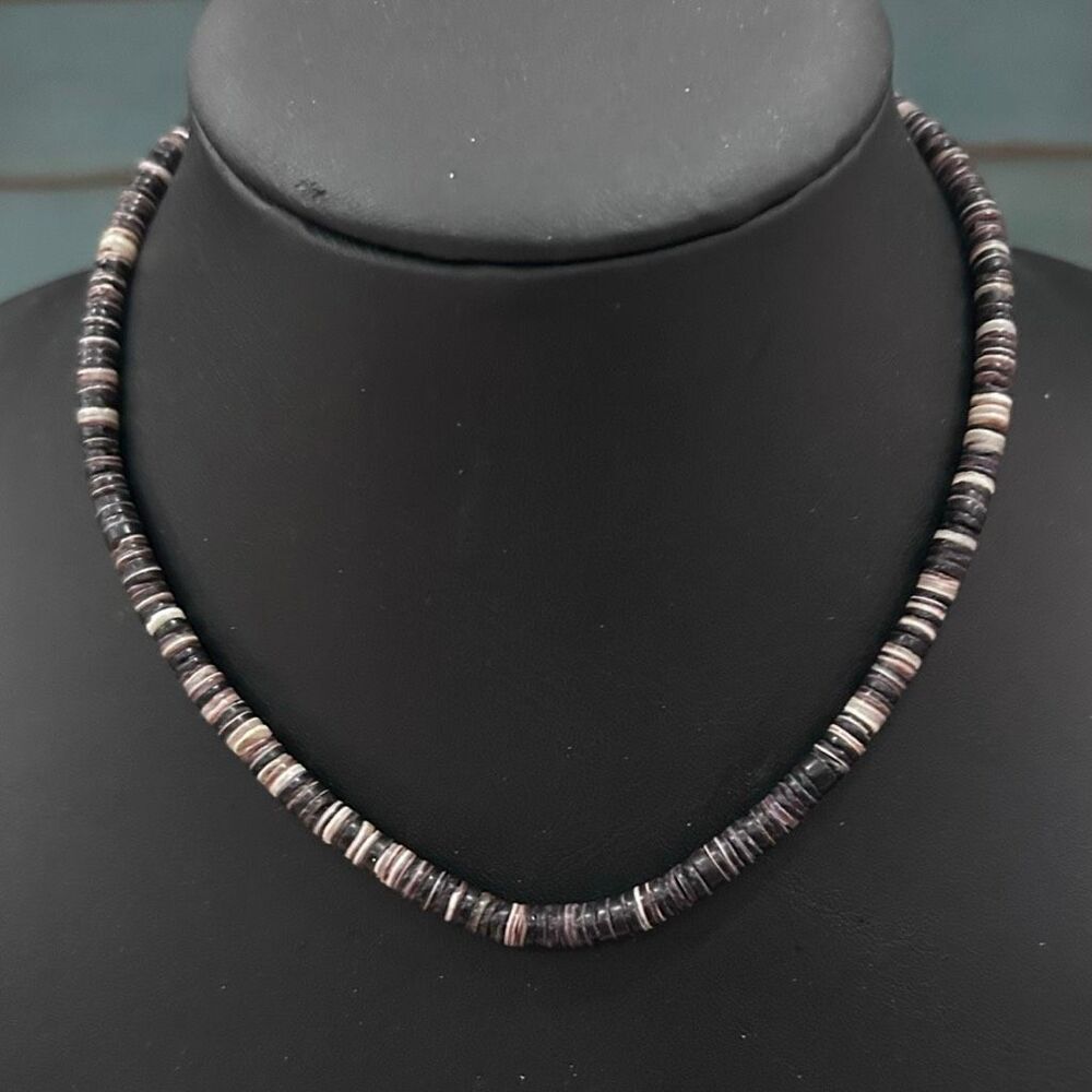 Vtg 70s Heishi Beaded Surfer Necklace Unisex Brown Purple Coconut Shell Beads